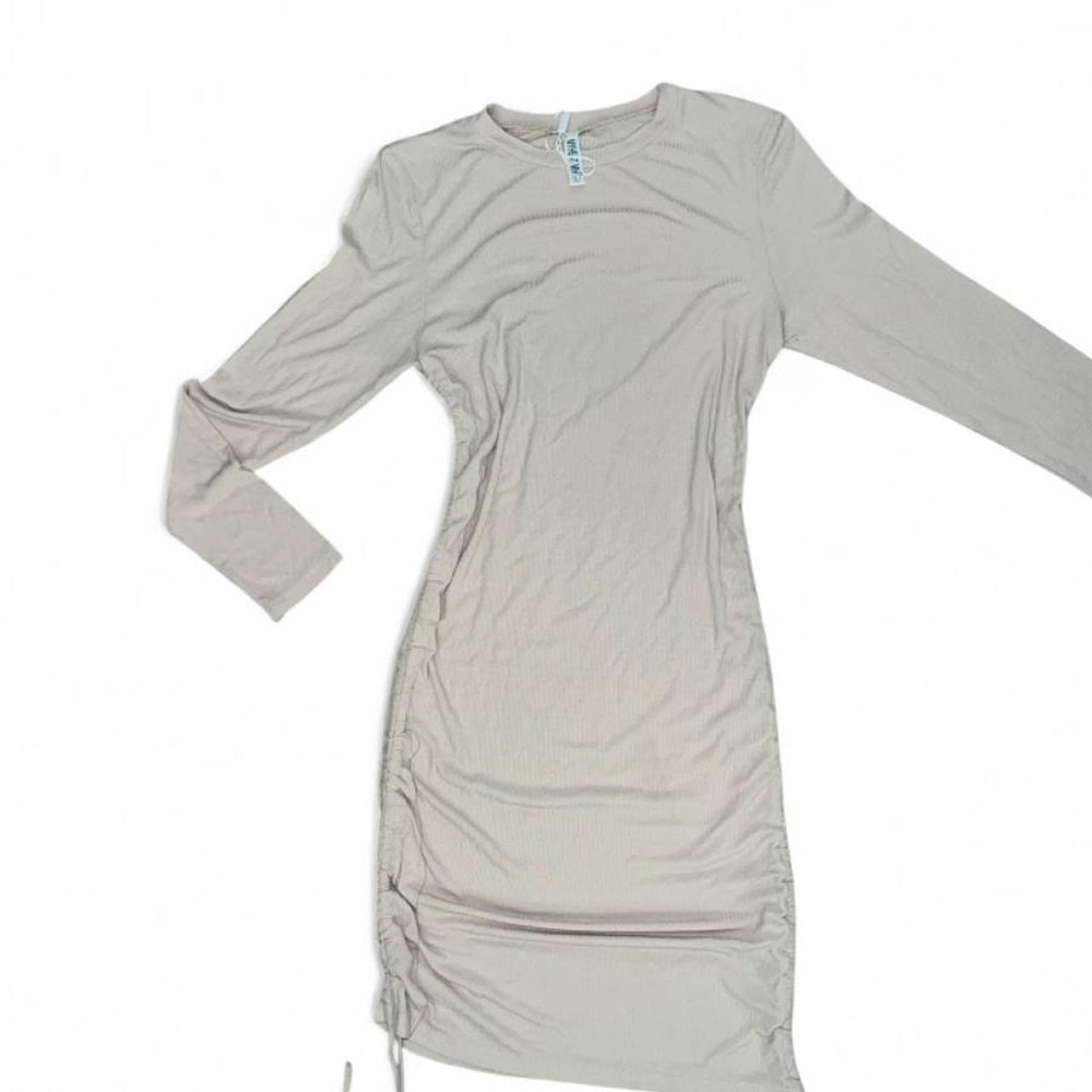 Beige ruched bodycon mini dress in size Small.